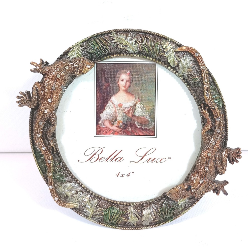 Bella Lux 4x4 Round Picture Frame Bronze Green Lizard Jewel Leaf Tabletop Accent